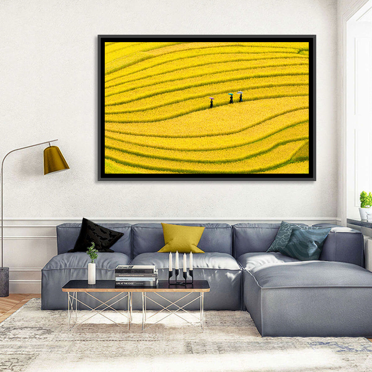 Golden Rice Terraces with Umbrellas Wall Art in a room, landscape