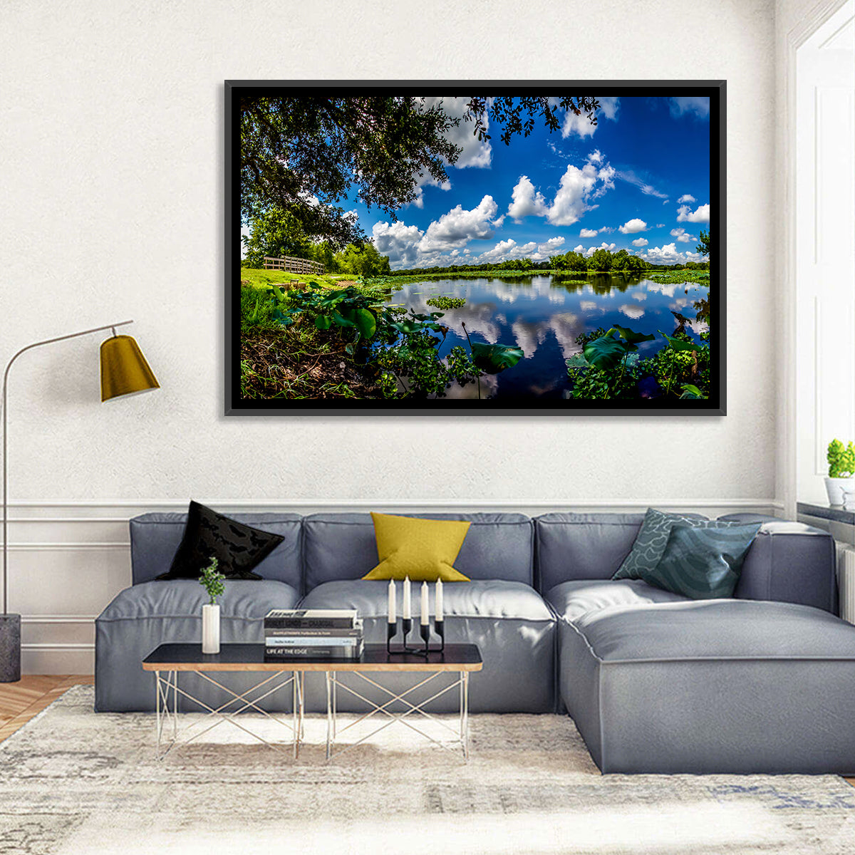 Brazos Bend Lake Reflection Wall Art in a room, landscape