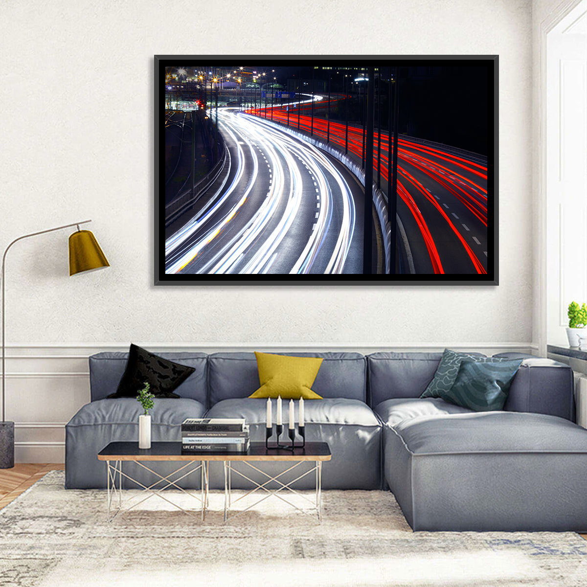 Night Highway Light Trails Wall Art in a room, landscape