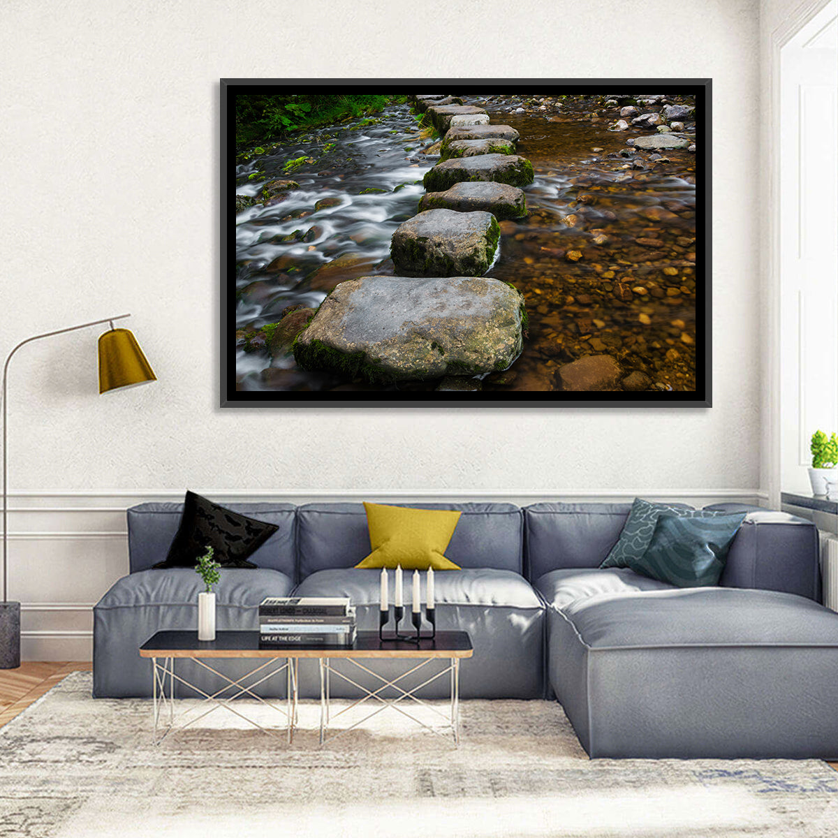 Mossy Stepping Stones Over Stream Wall Art in a room, landscape
