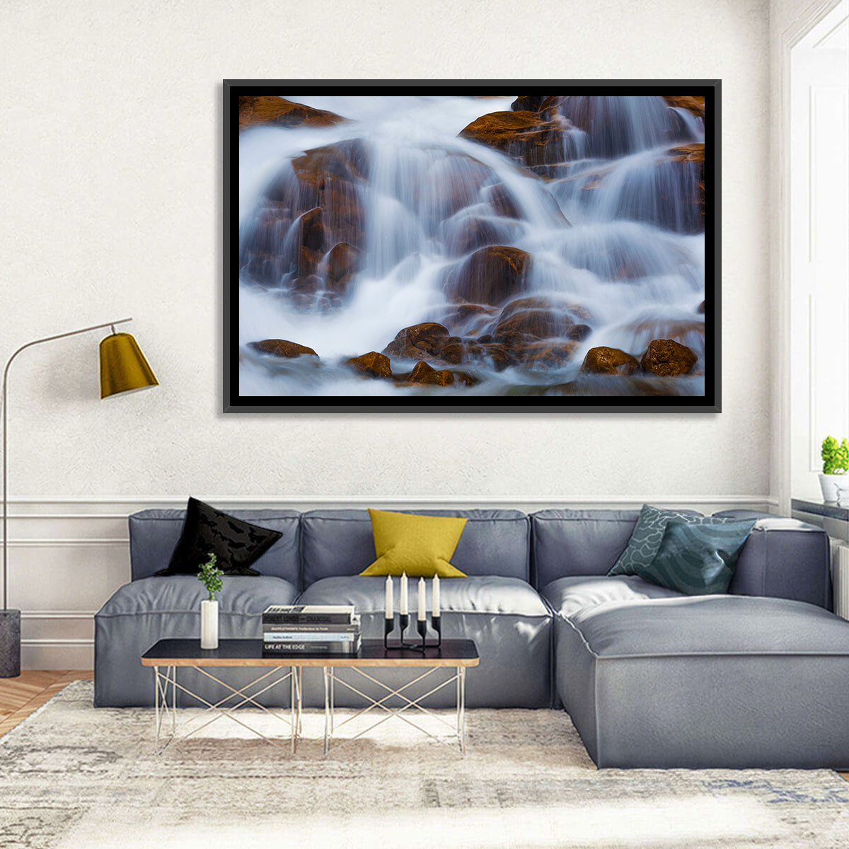 Rocky Mountain Waterfall Wall Art in a room, landscape