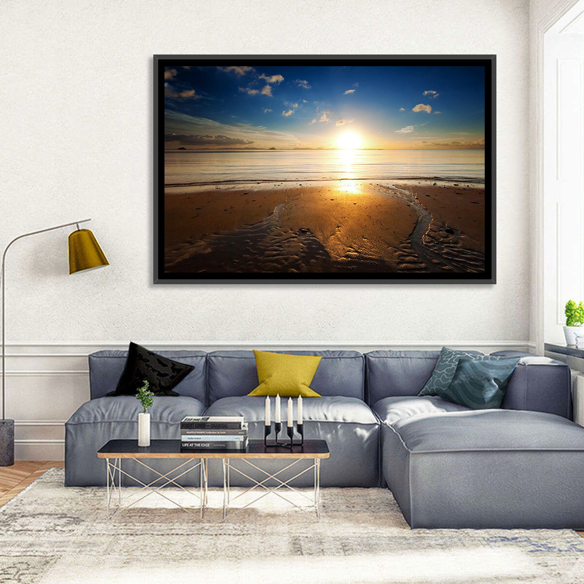Sunrise Over Rippling Sand Wall Art in a room, landscape