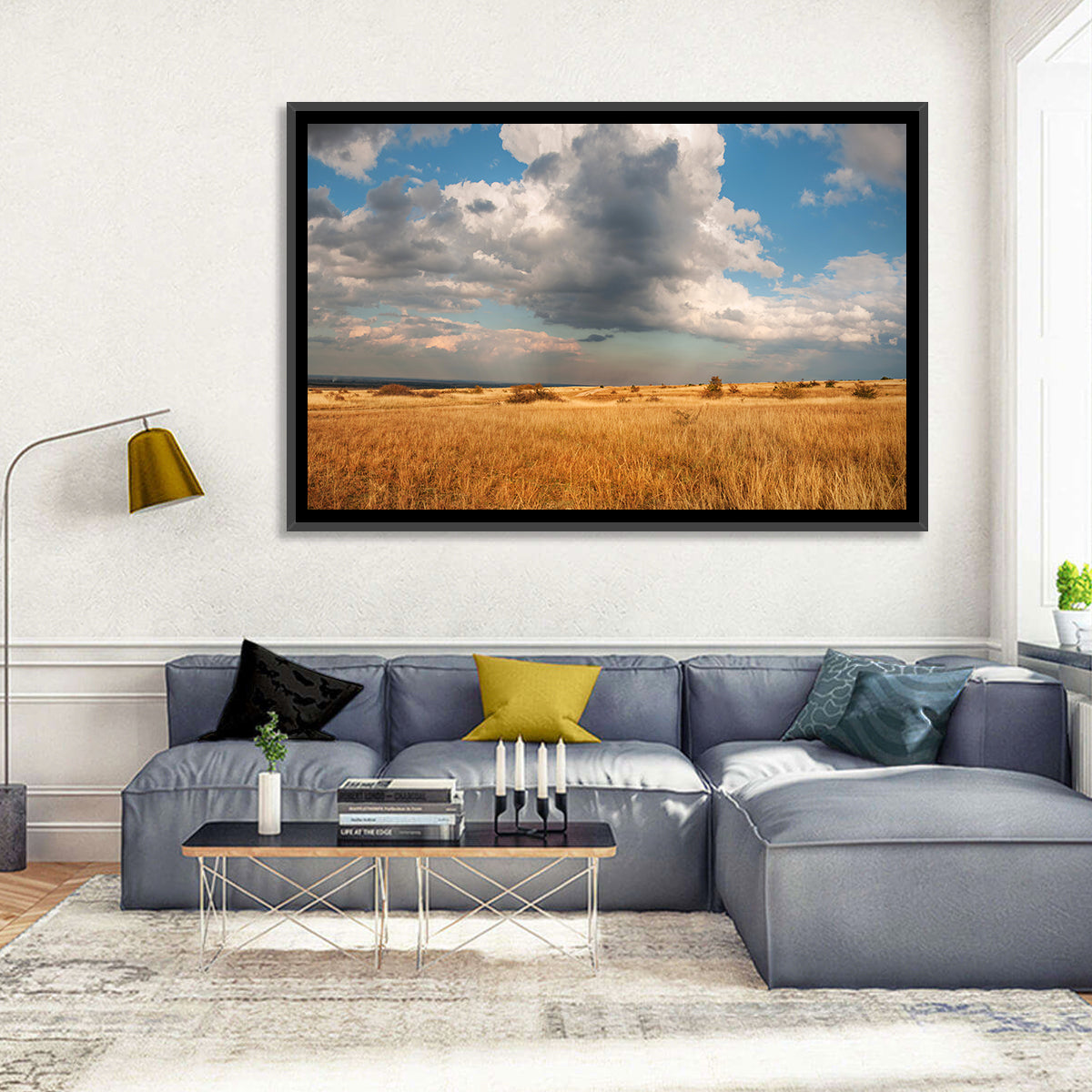 Golden Oklahoma Prairie Wall Art in a room, landscape