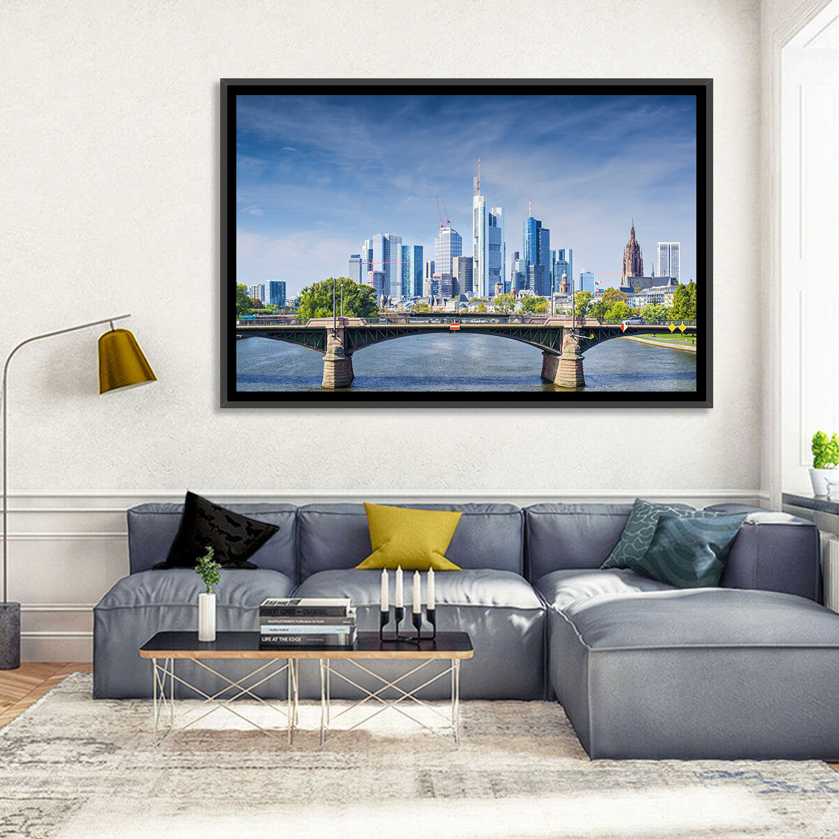 Frankfurt Skyline with Eiserner Steg Wall Art in a room, landscape