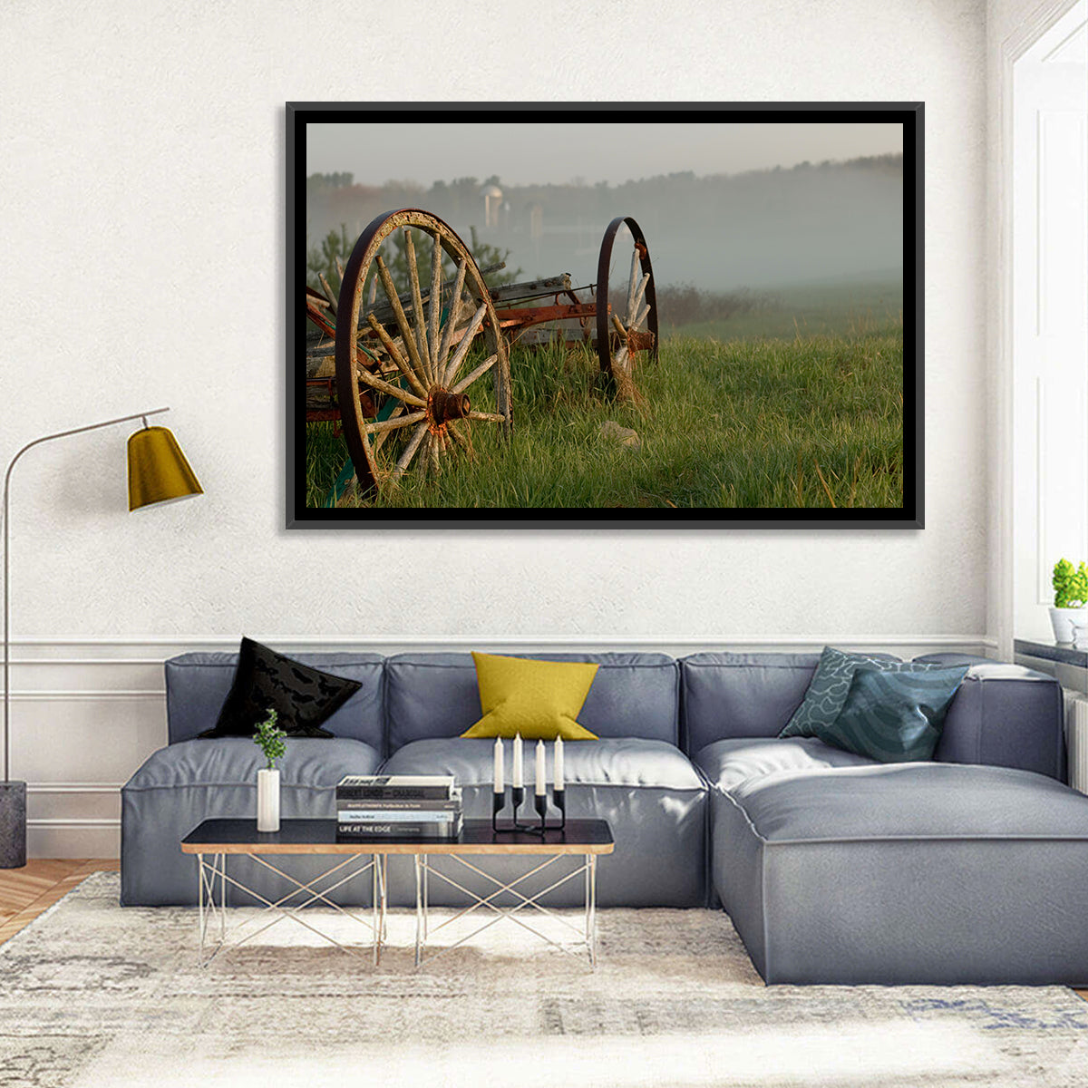 Weathered Wagon in Morning Mist Wall Art in a room, landscape