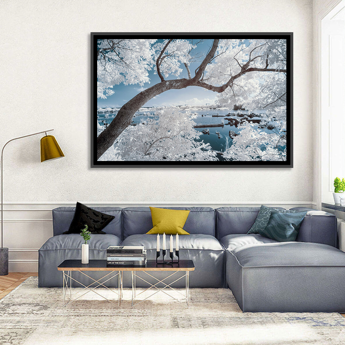 Curving Winter Tree Over Lake Wall Art in a room, landscape