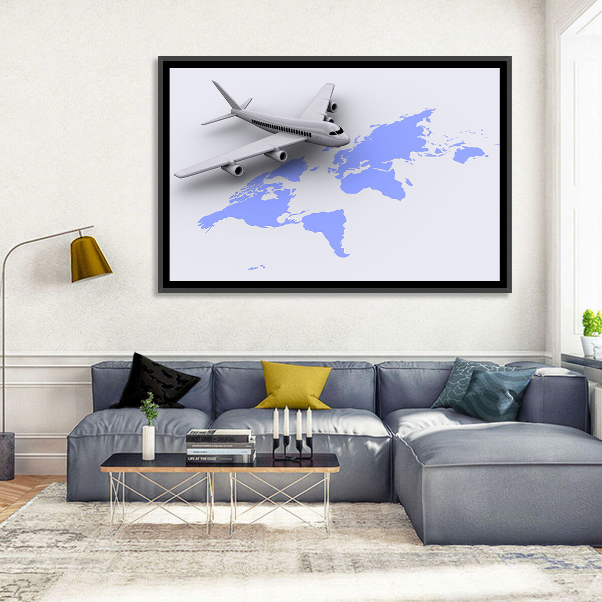 Airplane Over World Map Wall Art in a room, landscape