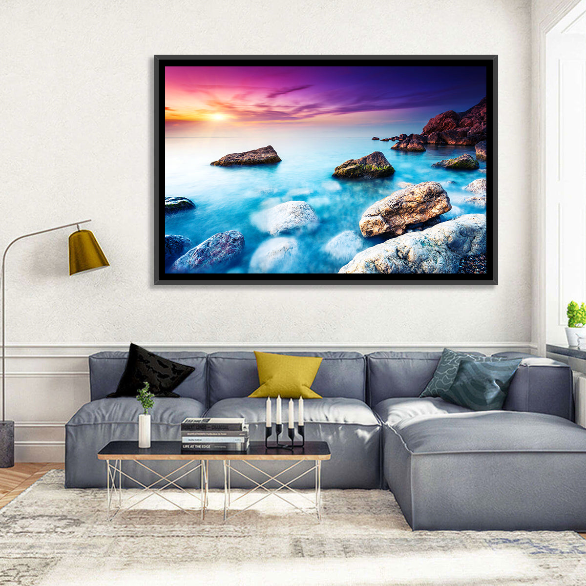 Rocky Beach Sunset Wall Art in a room, landscape