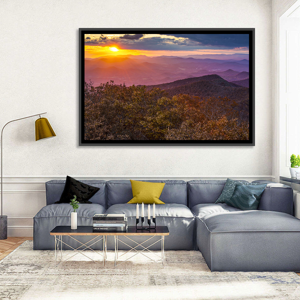 Blue Ridge Sunset Over Autumn Ridges Wall Art in a room, landscape