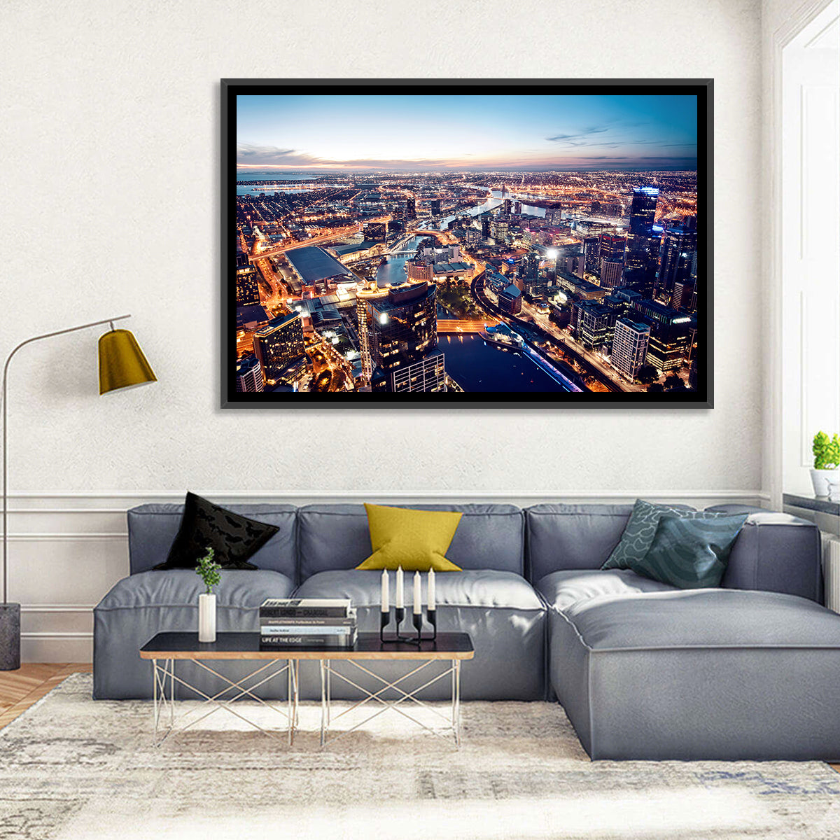 Melbourne Twilight Skyline Wall Art in a room, landscape