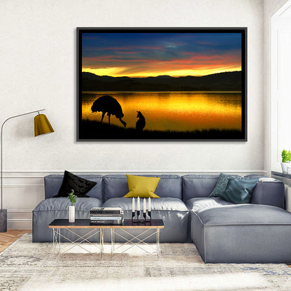 Kangaroo and Emu at Lake Sunset Wall Art