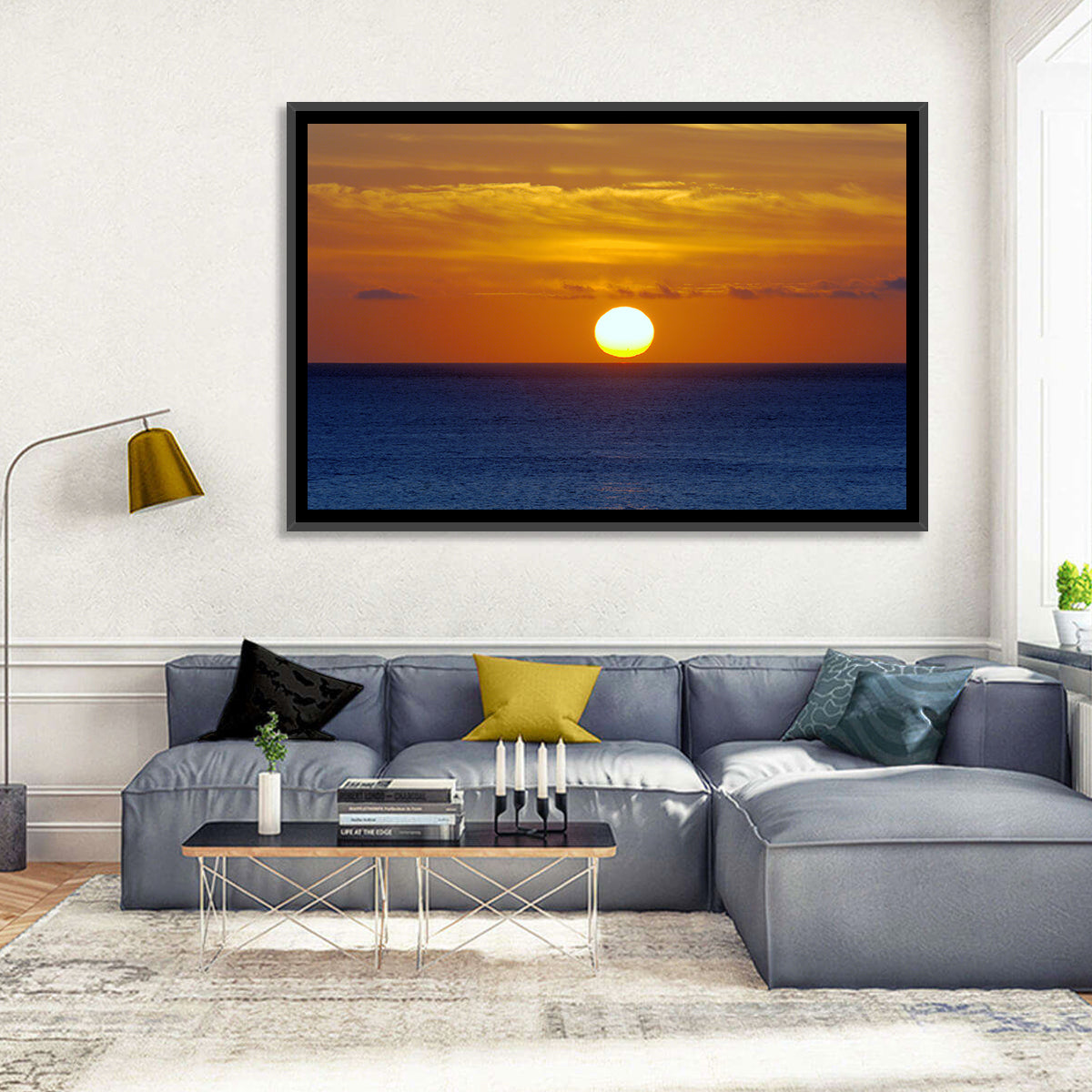 Golden Pacific Sunrise Wall Art in a room, landscape
