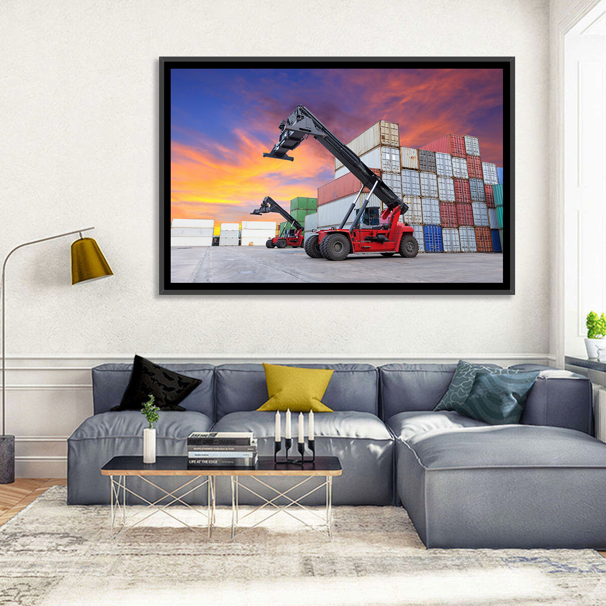 Red Reach Stackers at Sunset Wall Art in a room, landscape