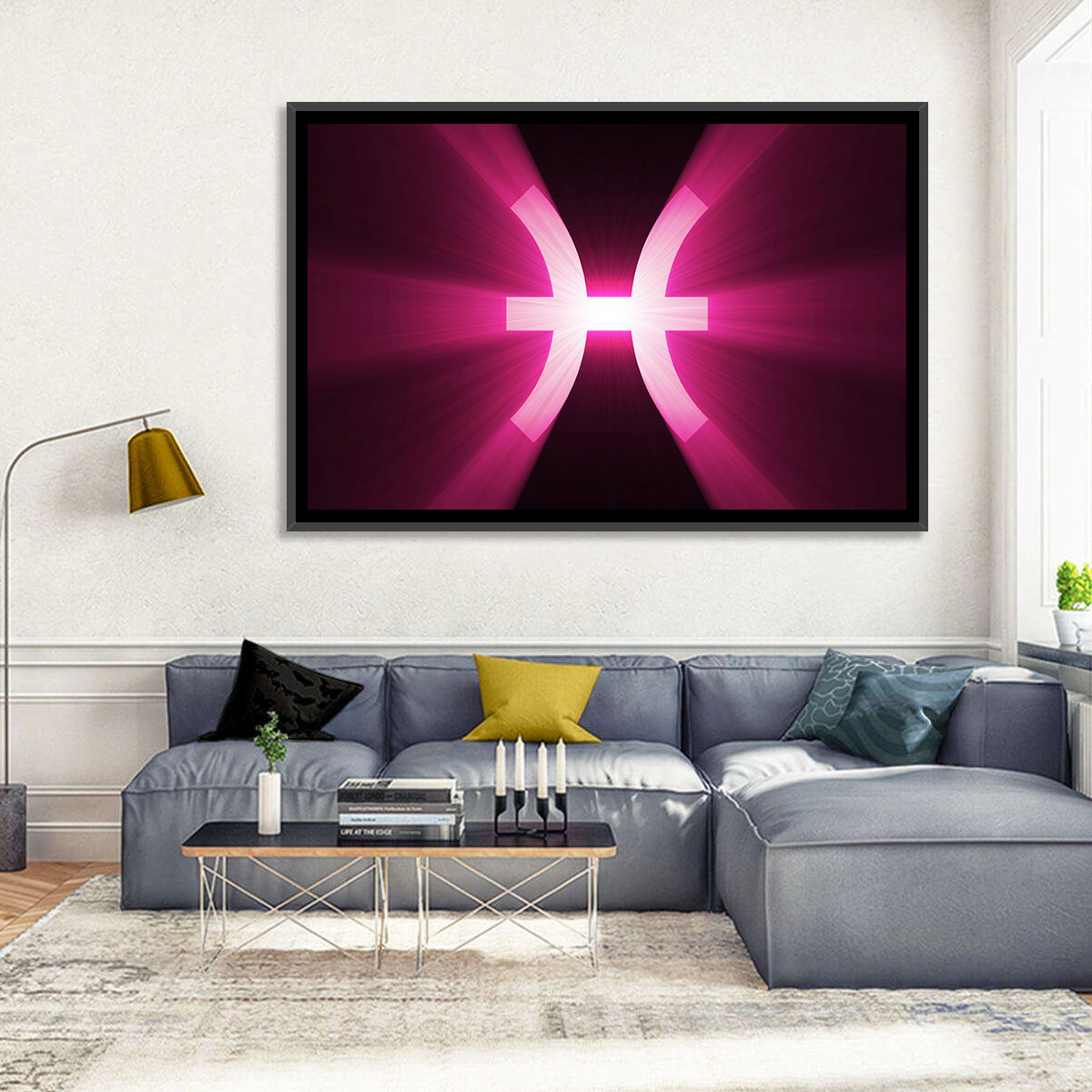 Magenta Pisces Symbol Wall Art in a room, landscape