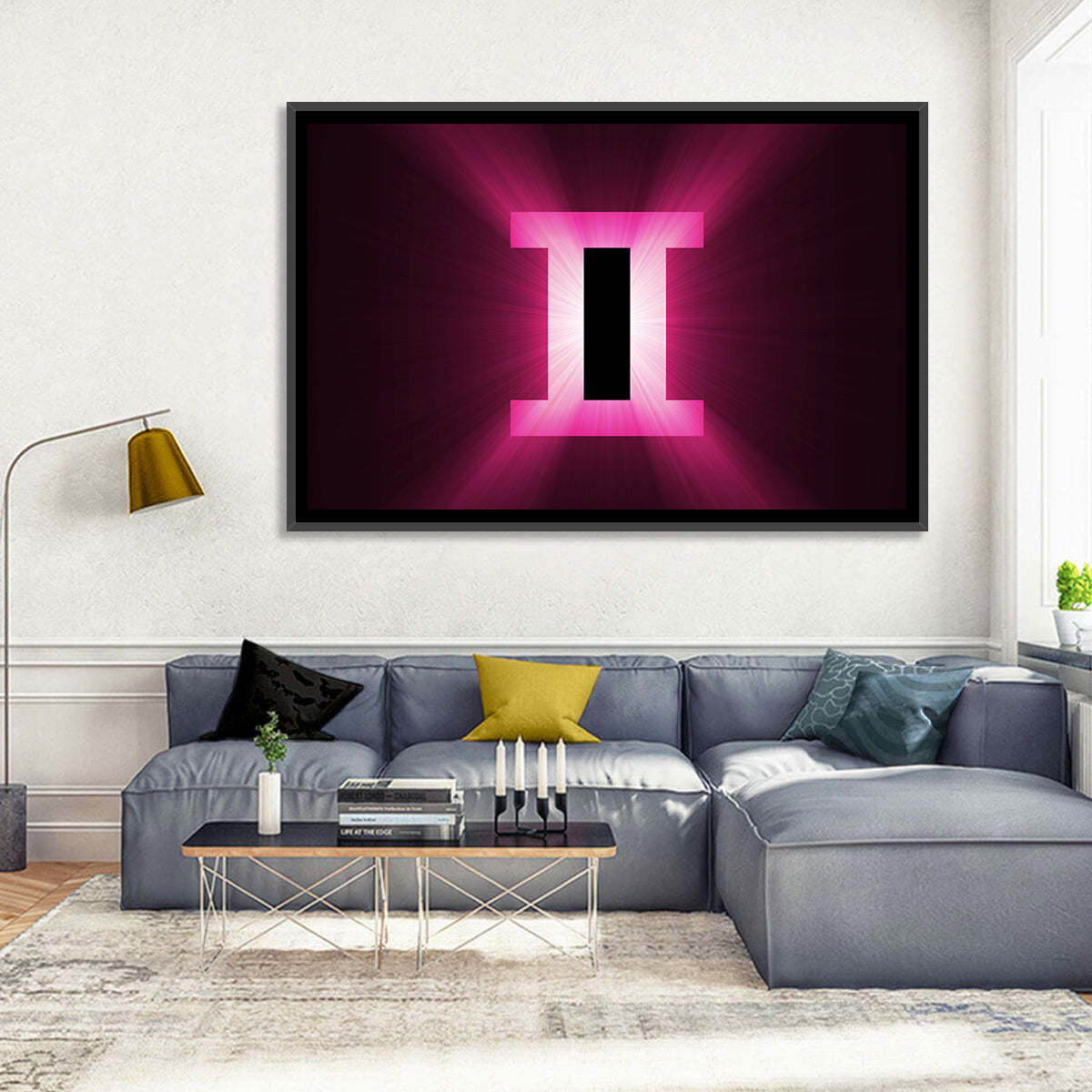 Radiant Gemini Symbol Wall Art in a room, landscape