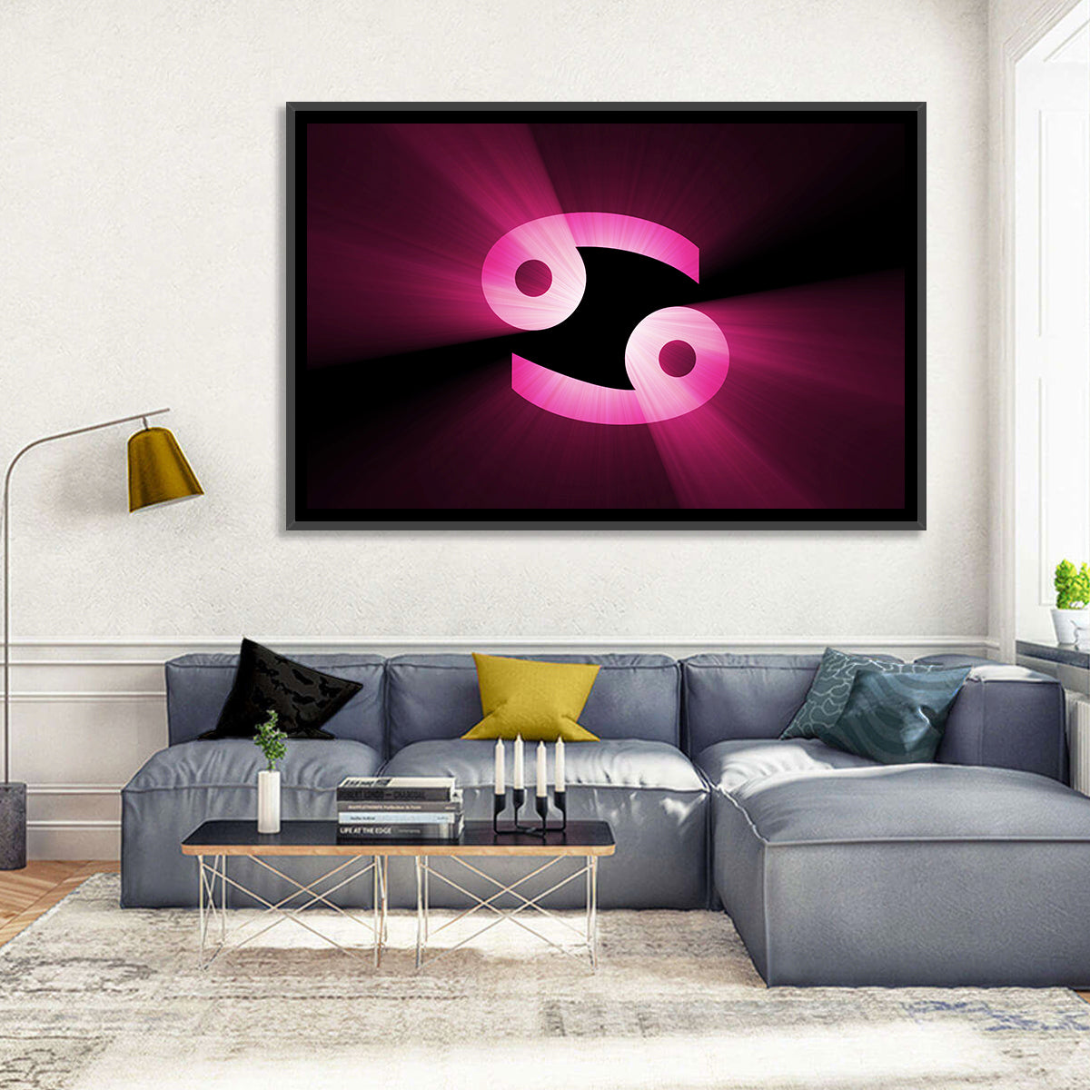 Glowing Pink Cancer Symbol Wall Art in a room, landscape