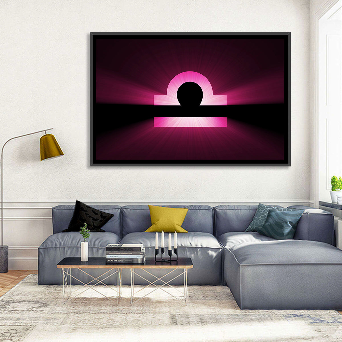 Libra Symbol Neon Glow Wall Art in a room, landscape
