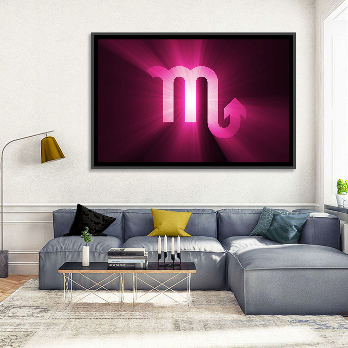 Scorpio Glyph with Magenta Burst Wall Art in a room, landscape