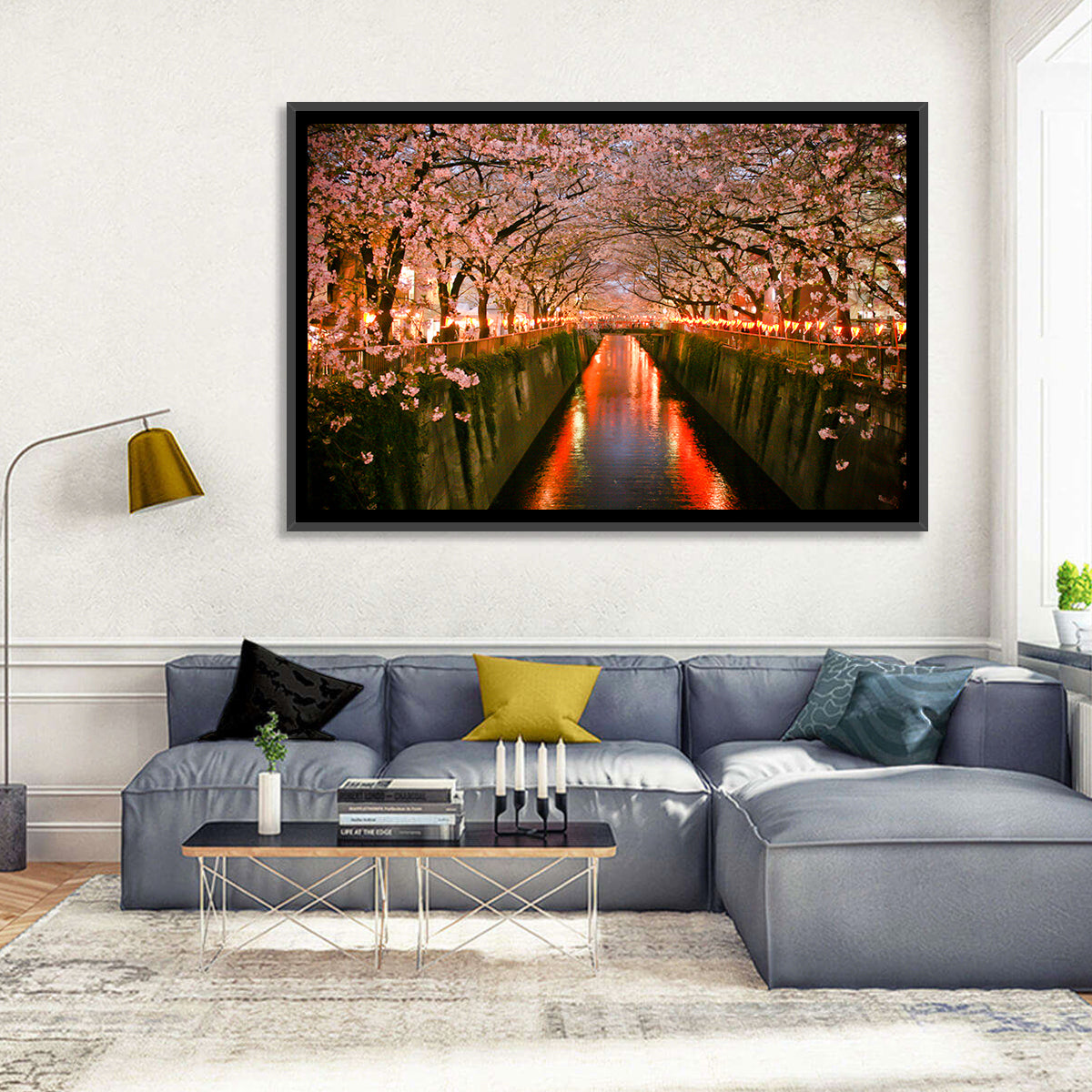 Meguro River Cherry Blossoms Wall Art in a room, landscape