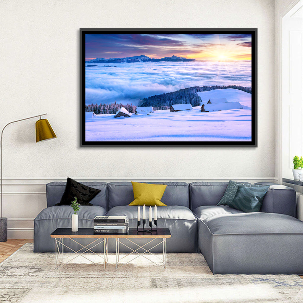 Snowy Cabins Above Clouds Wall Art