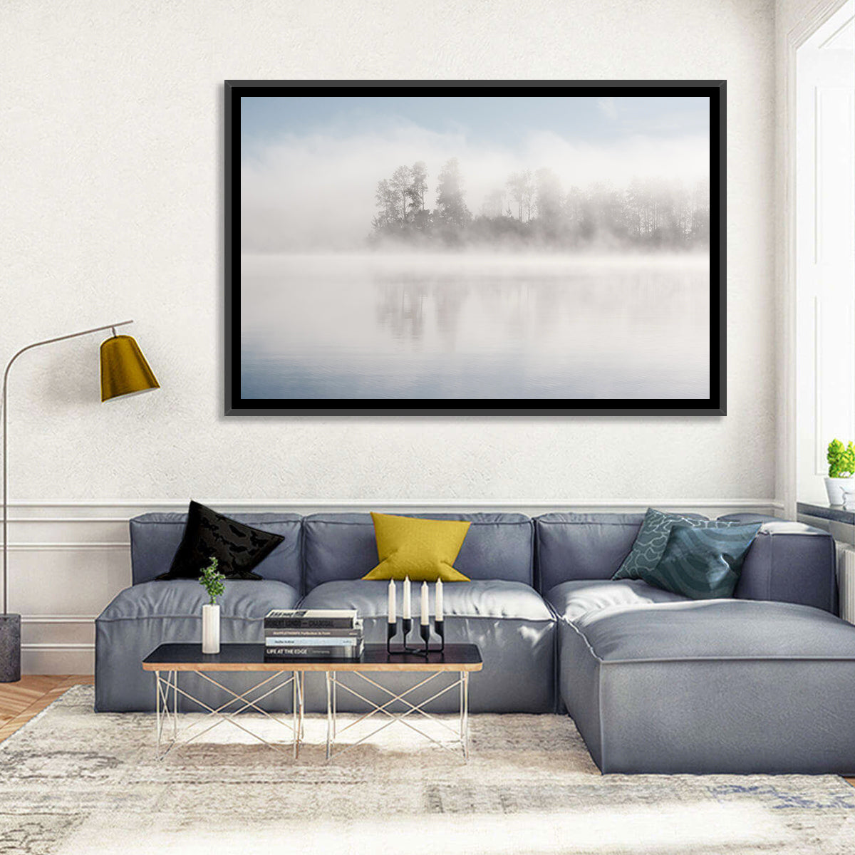 Misty Forest Lake Wall Art in a room, landscape