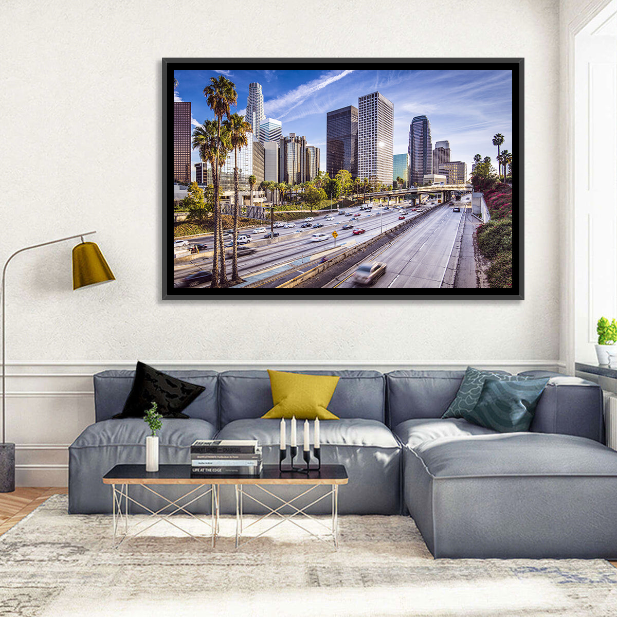 Los Angeles Freeway to Downtown Skyline Wall Art in a room, landscape