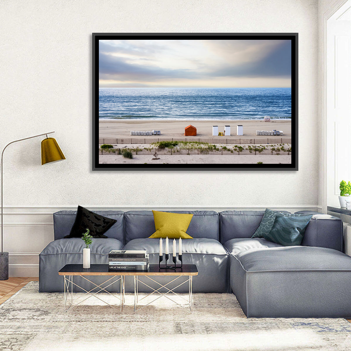 Cape May Beach Huts Wall Art in a room, landscape