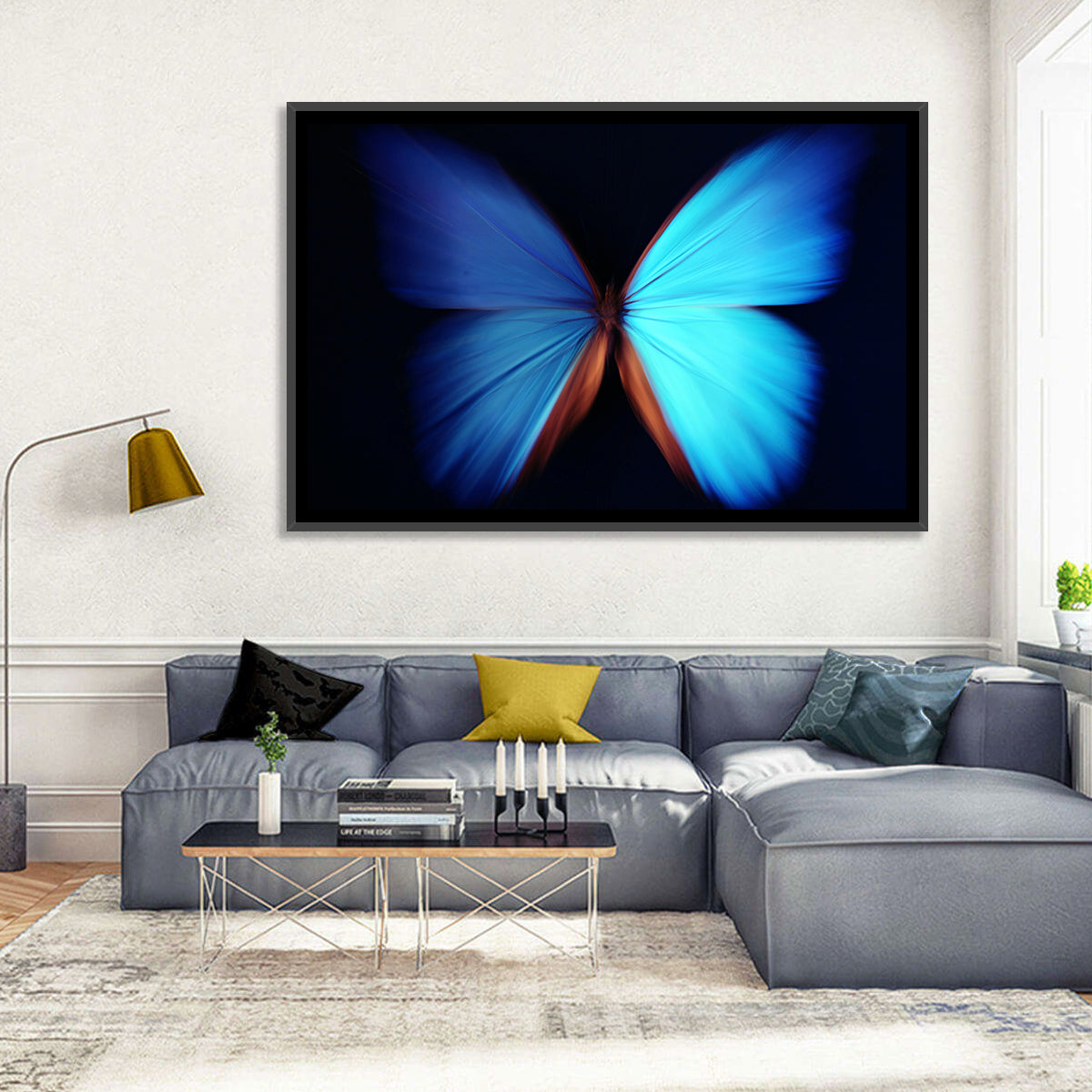Blue Butterfly Macro Study Wall Art in a room, landscape