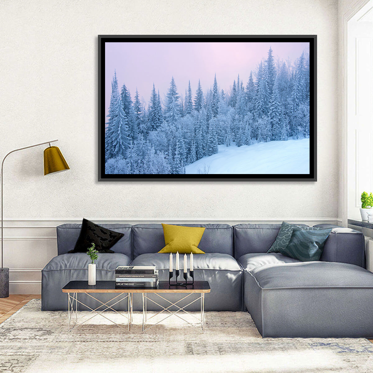 Snowy Winter Forest Wall Art in a room, landscape
