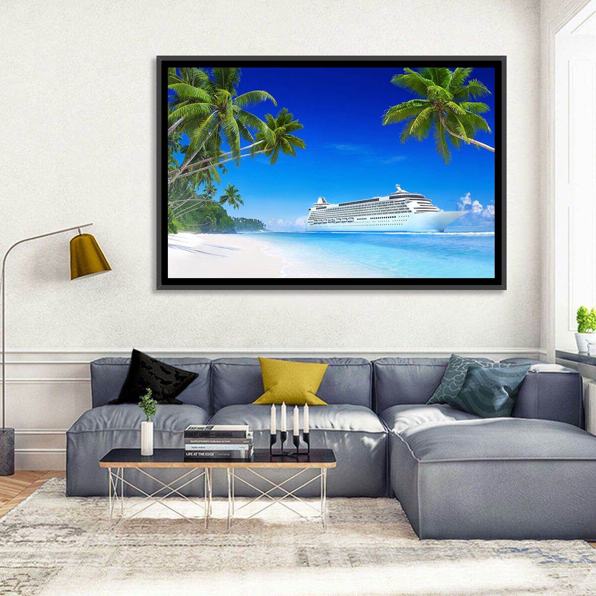 Tropical Beach Cruise Ship Shoreline Wall Art in a room, landscape