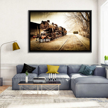 Sepia Steam Locomotive on Rusted Tracks Wall Art
