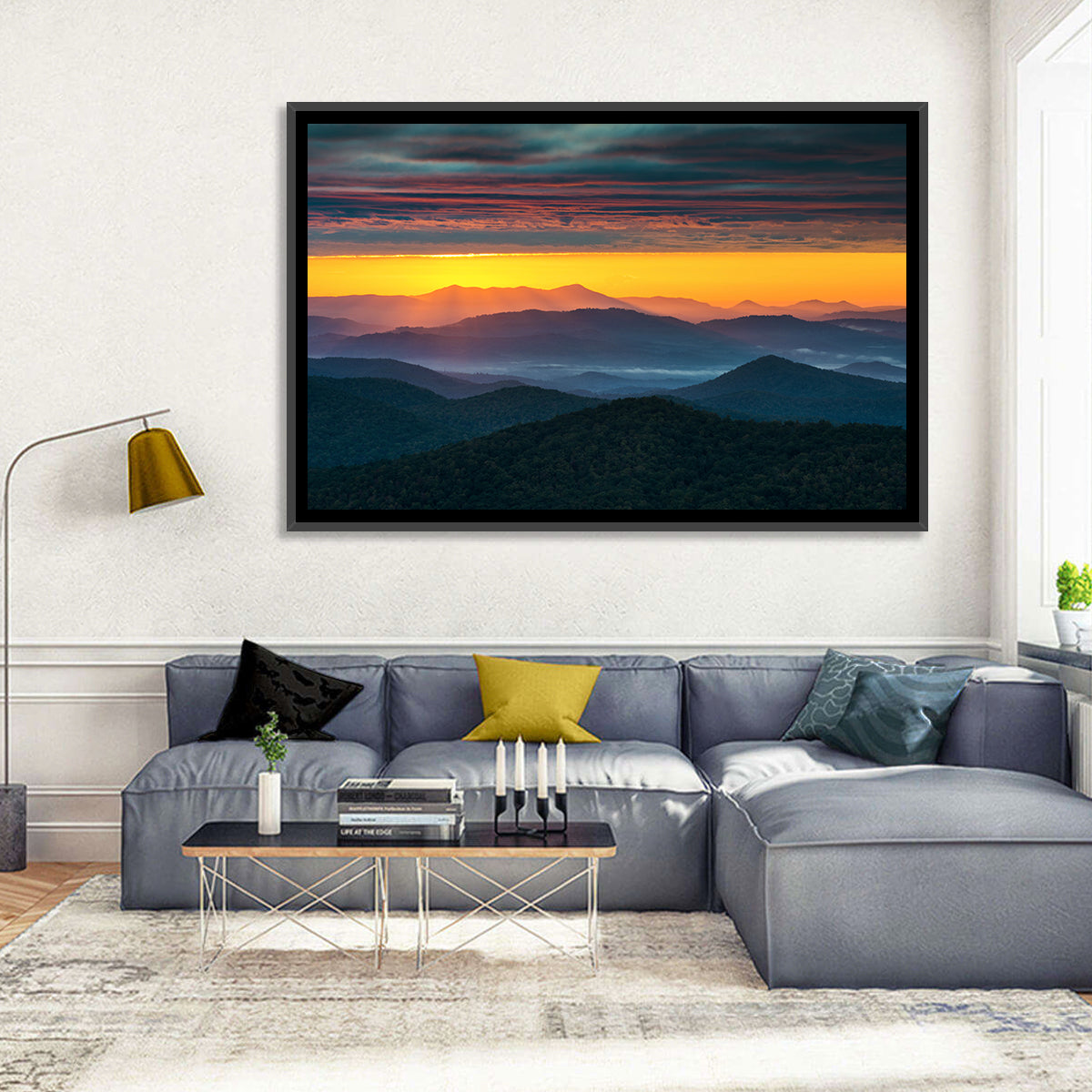 Misty Blue Ridge Sunrise North Carolina Wall Art in a room, landscape
