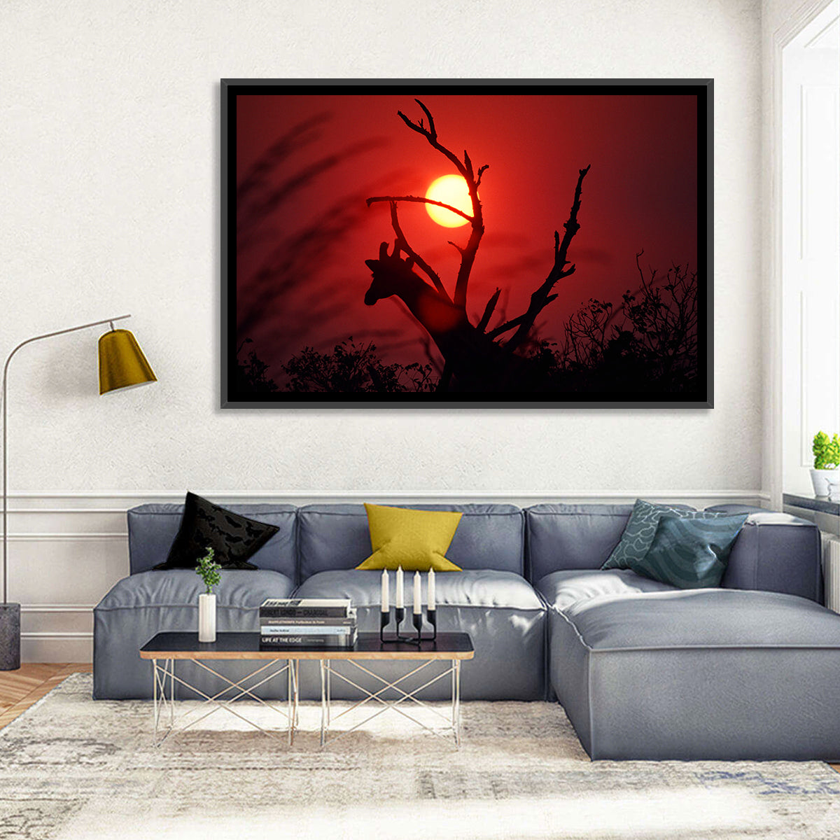 Giraffe Silhouette at Sunset Wall Art in a room, landscape