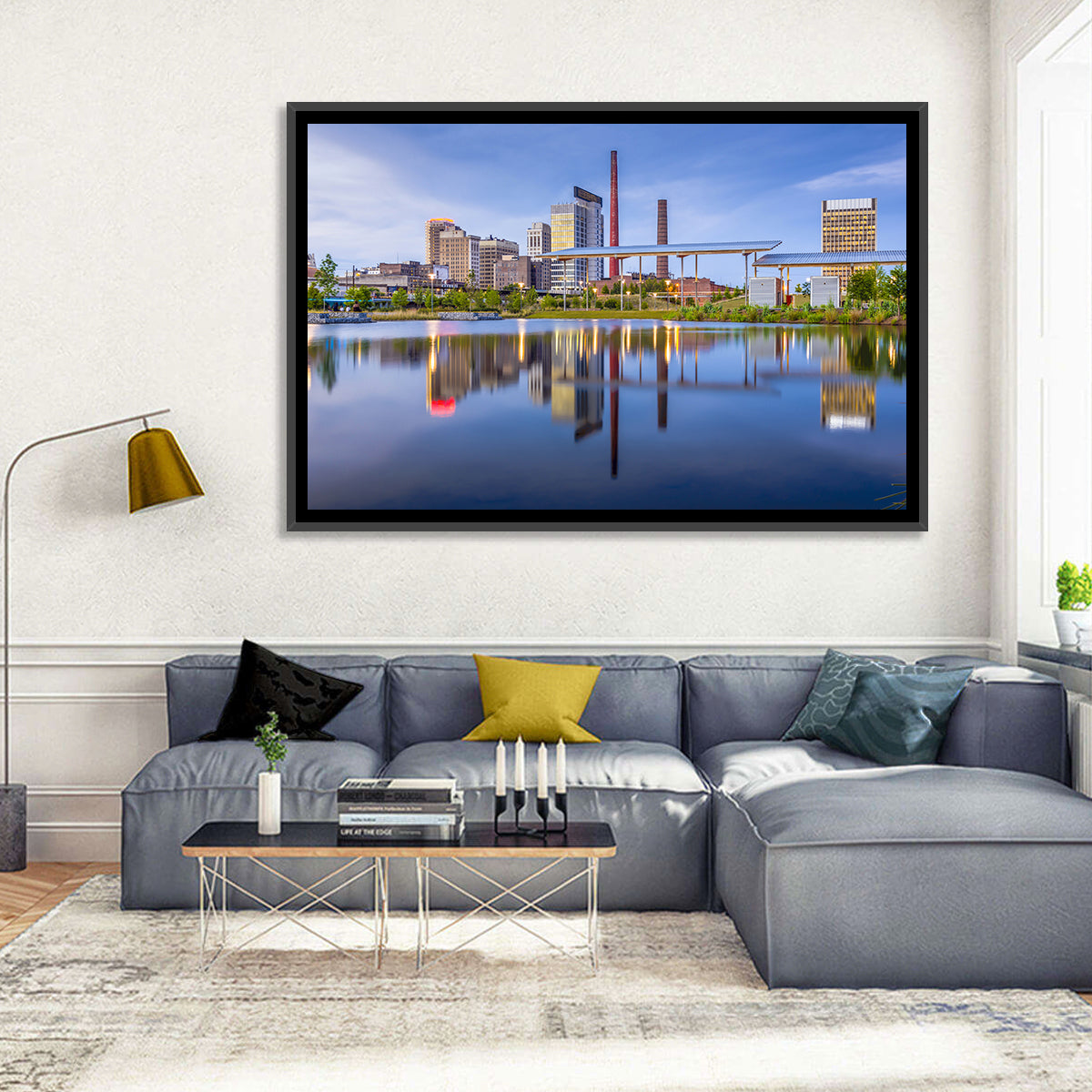 Birmingham Skyline Reflection at Twilight Wall Art in a room, landscape