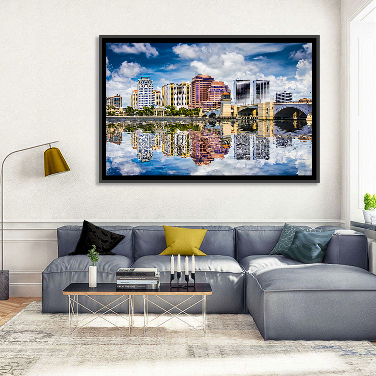 West Palm Beach Skyline Reflection Wall Art in a room, landscape