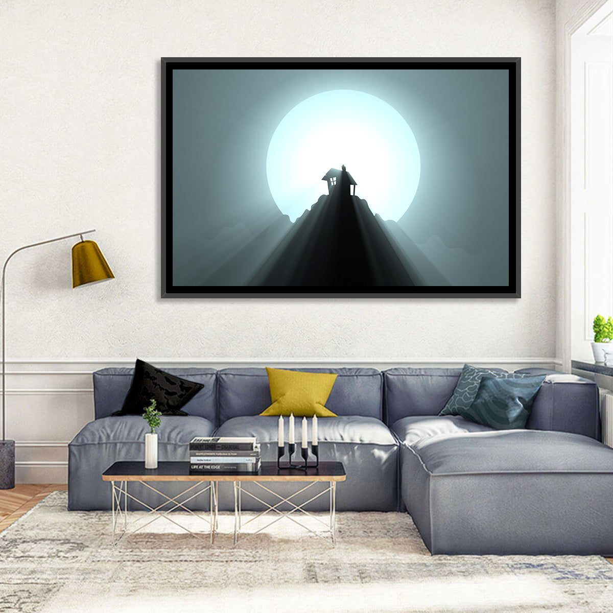Moonlit Mountain Hut Wall Art in a room, landscape