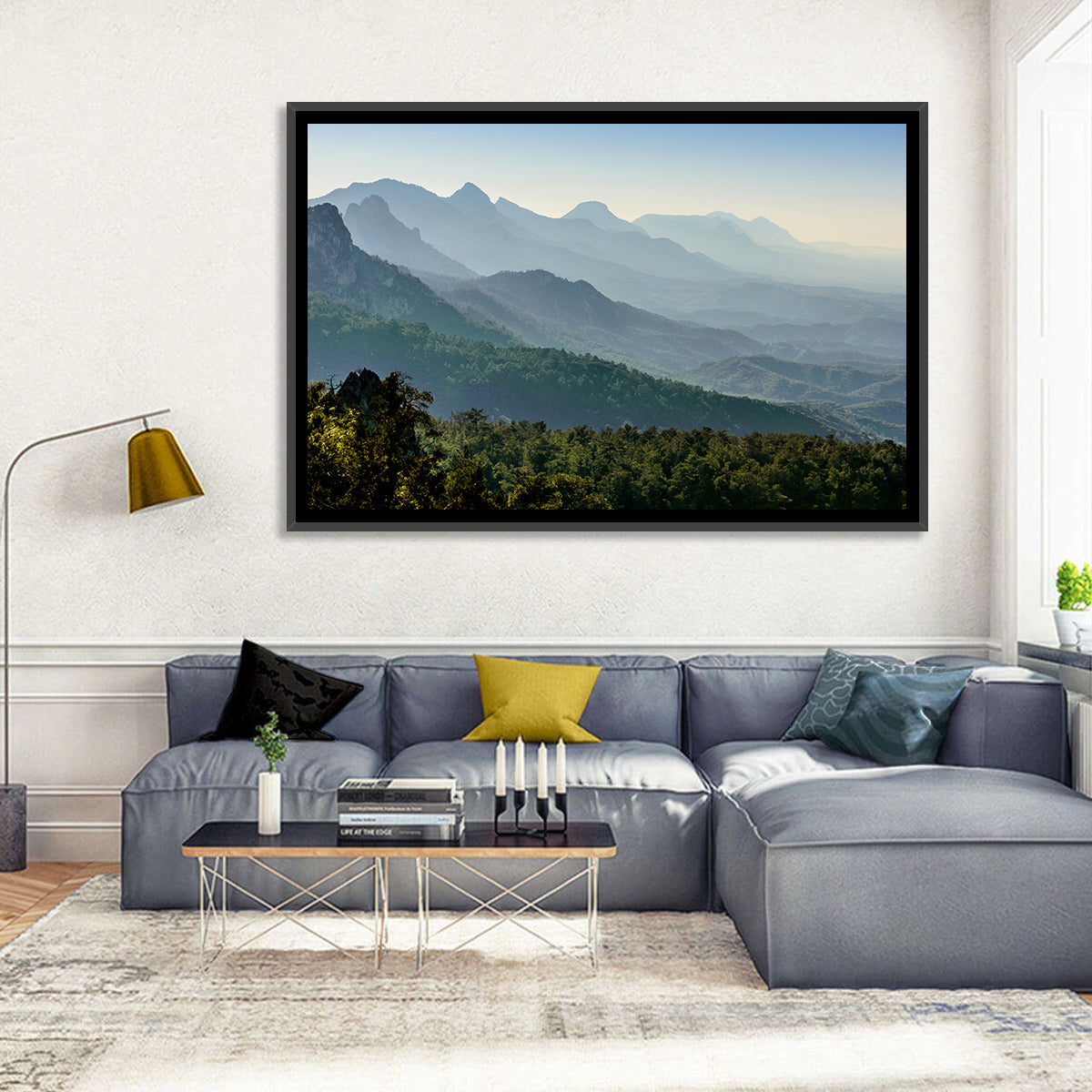 Misty Mountain Ridges Wall Art in a room, landscape