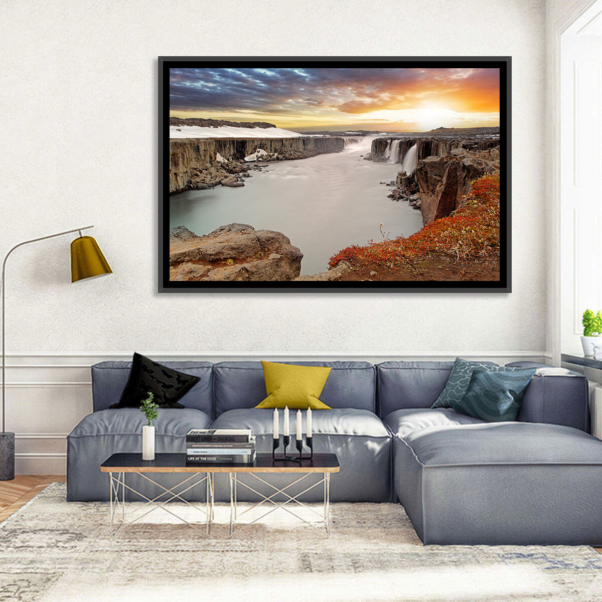 Selfoss Waterfall at Sunset Wall Art in a room, landscape