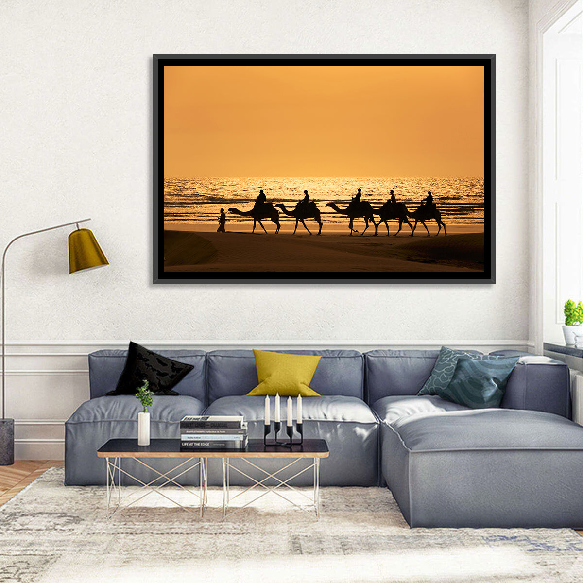 Camel Caravan Silhouette on Wet Sand Wall Art in a room, landscape