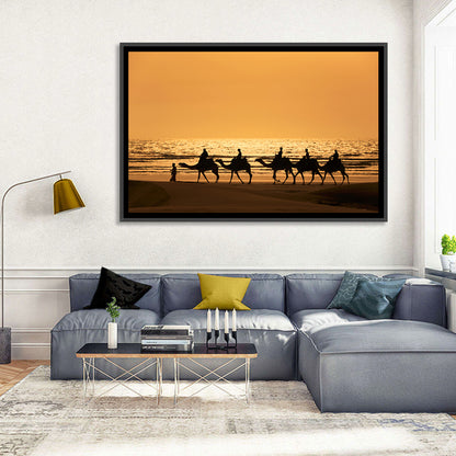 Camel Caravan Silhouette on Wet Sand Wall Art
