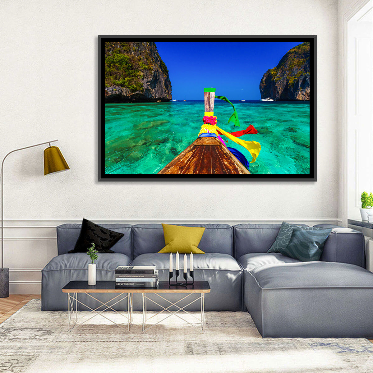 Maya Bay Long-tail Boat Wall Art in a room, landscape