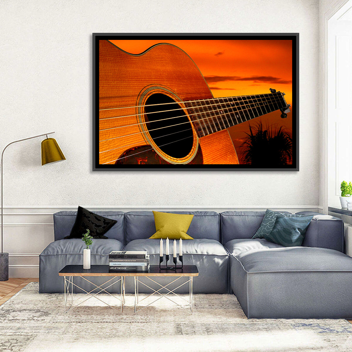 Sunset Acoustic Guitar Silhouette Wall Art in a room, landscape