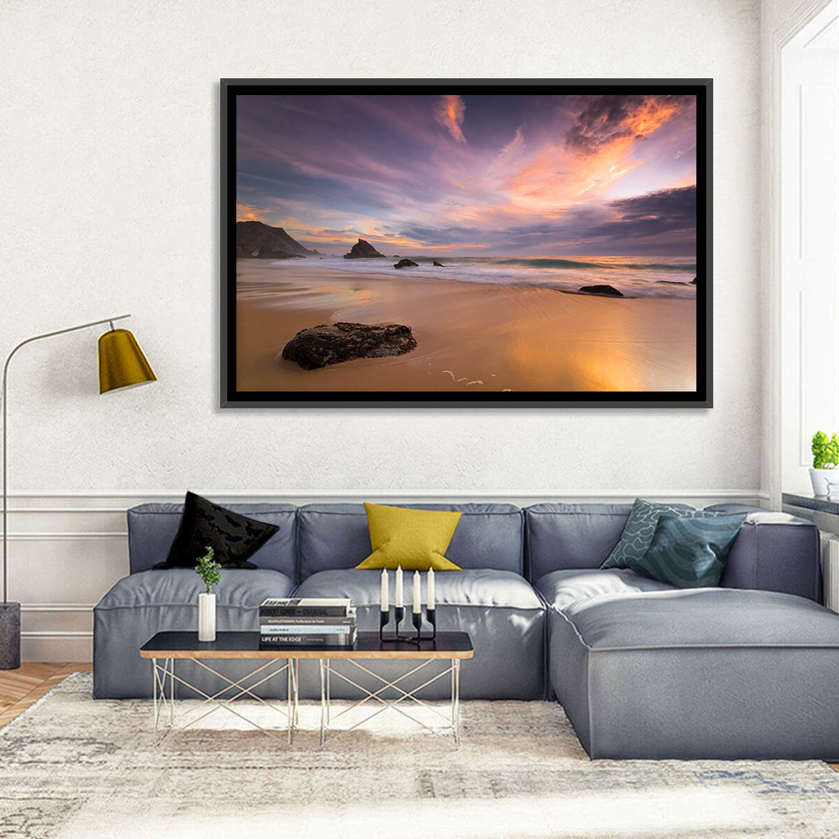 Adraga Beach Sunset Wall Art in a room, landscape