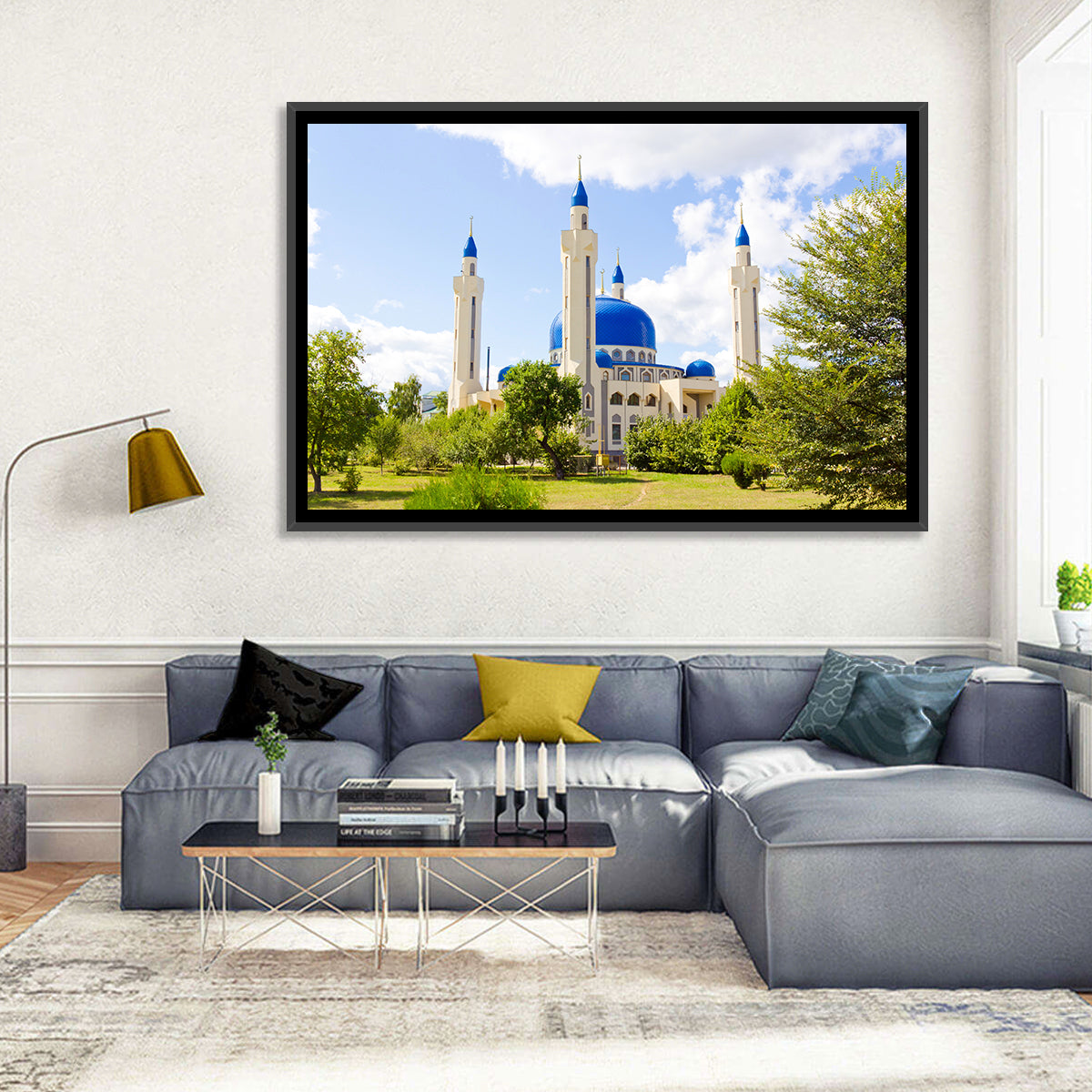 Blue Domed Mosque with Golden Minarets Wall Art in a room, landscape