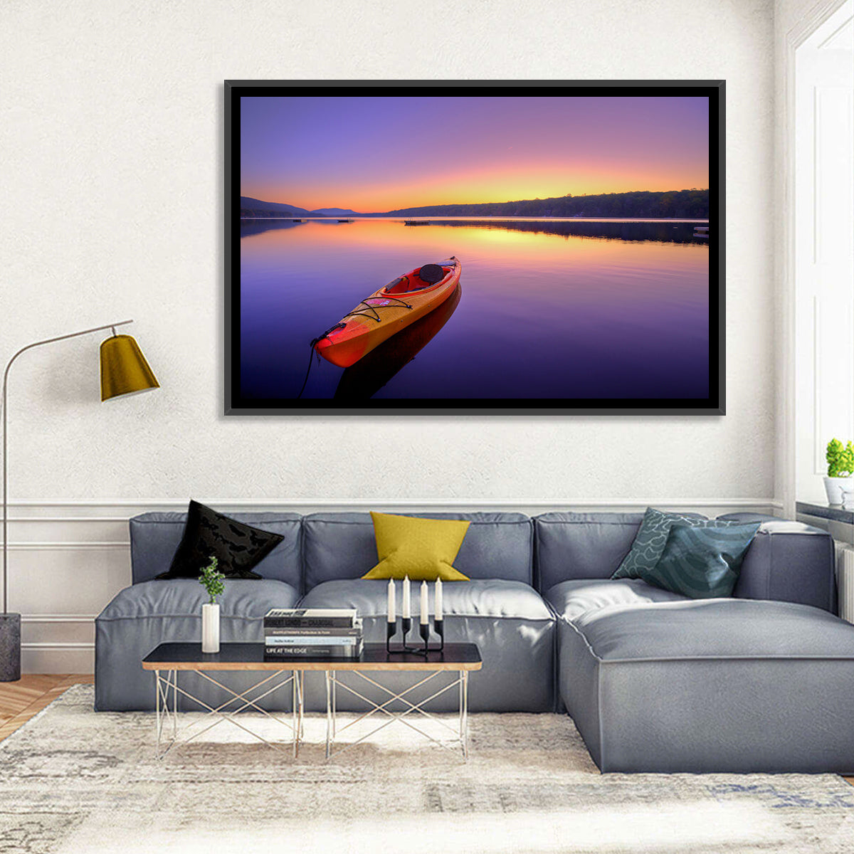 Bright Orange Kayak at Sunset Wall Art in a room, landscape