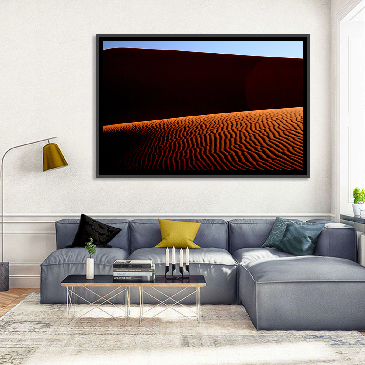 Golden Hour Sand Dunes Wall Art in a room, landscape