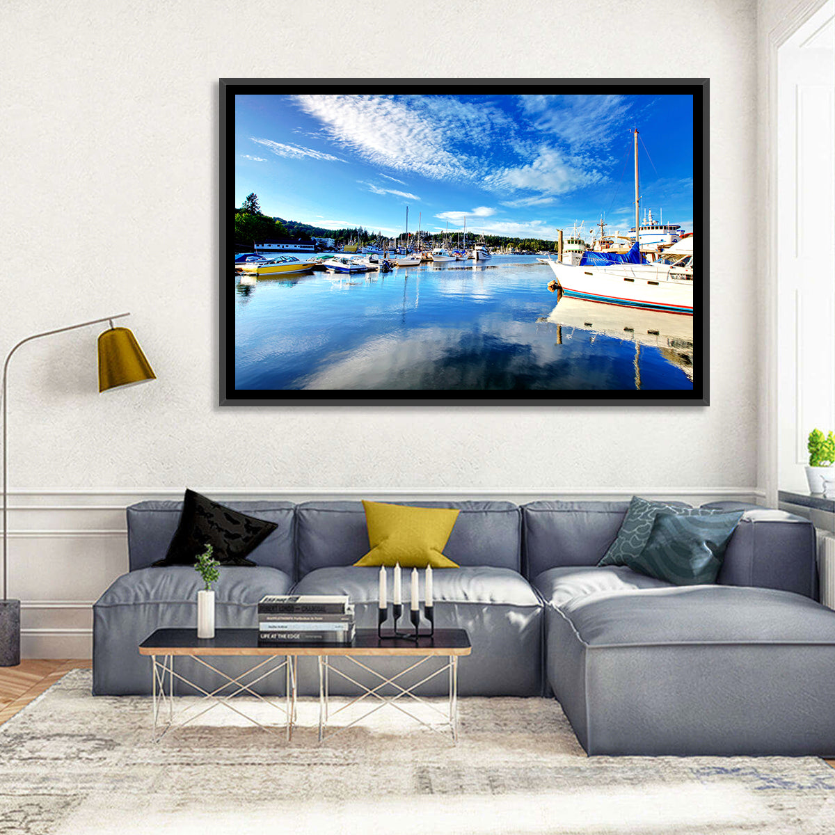 Tacoma Marina Reflections Wall Art in a room, landscape