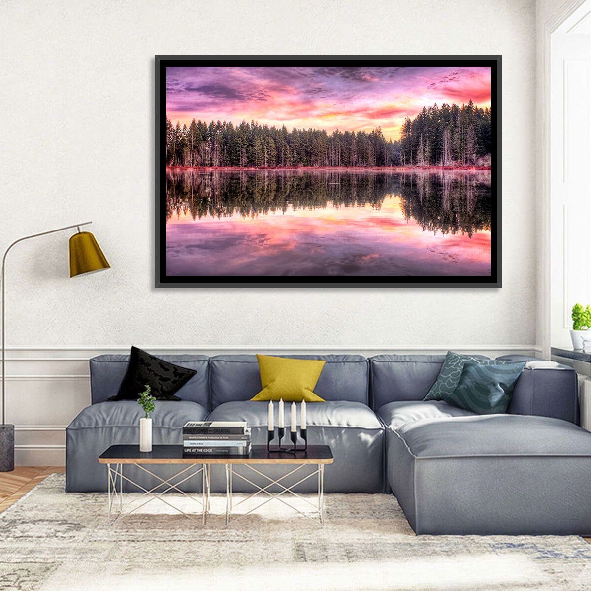 Sunrise Reflection at Forest Lake Wall Art in a room, landscape