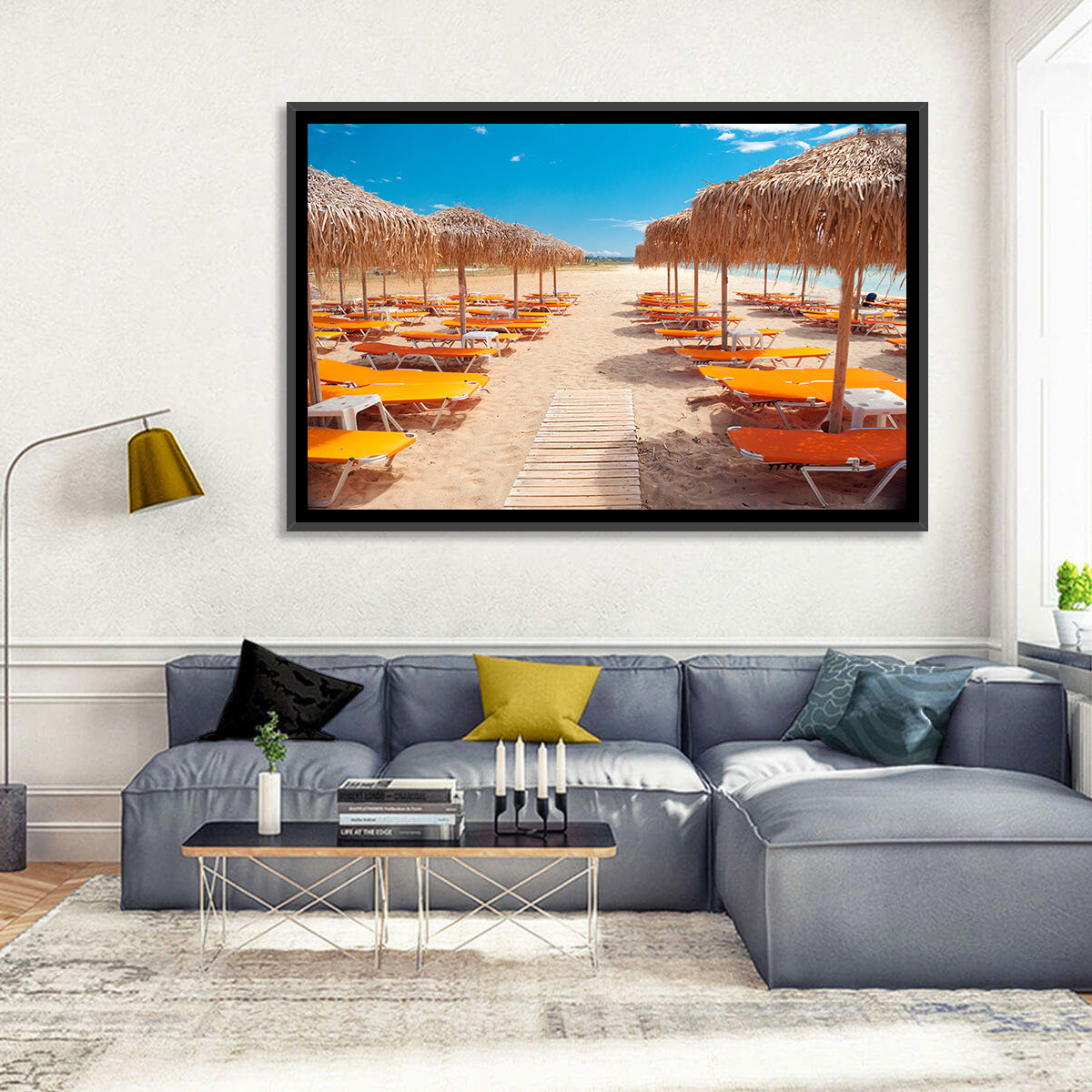 Beach Boardwalk with Orange Loungers Wall Art in a room, landscape