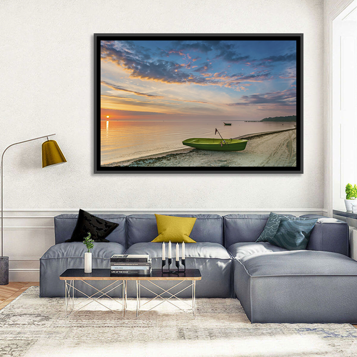 Green Rowboat at Sunrise Wall Art in a room, landscape